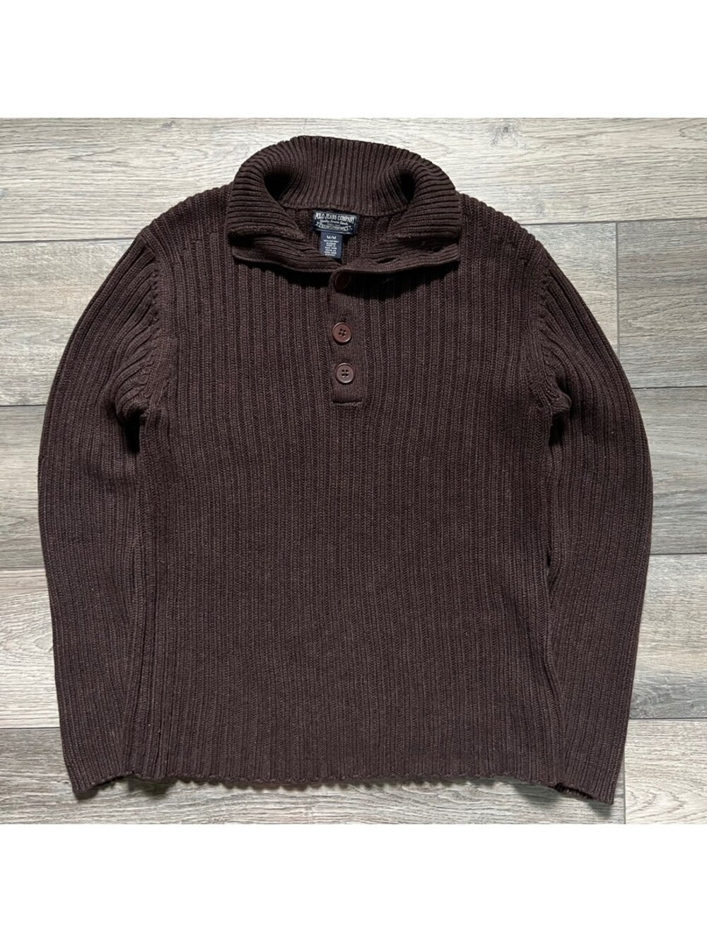 Vintage Polo Jeans Ralph Lauren Men M Henley Sweater Brown Ribbed Knit Fisherman